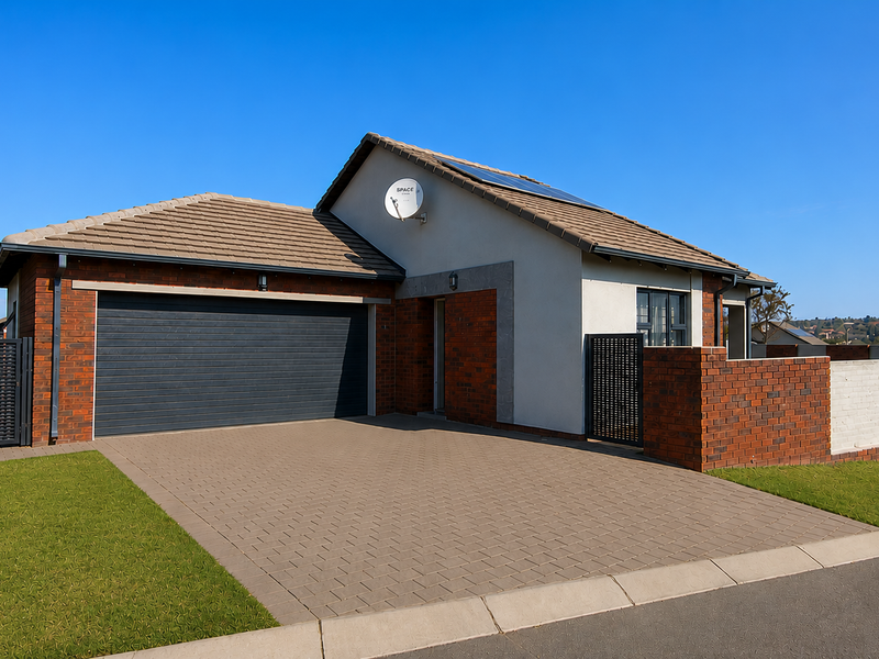 Modern single-story residence featuring a brick and plaster facade, double garage, paved driveway, and solar panels on a tiled roof.