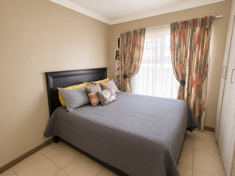 A well-maintained bedroom featuring neutral wall tones, tiled flooring, crown molding, and a built-in wardrobe.
