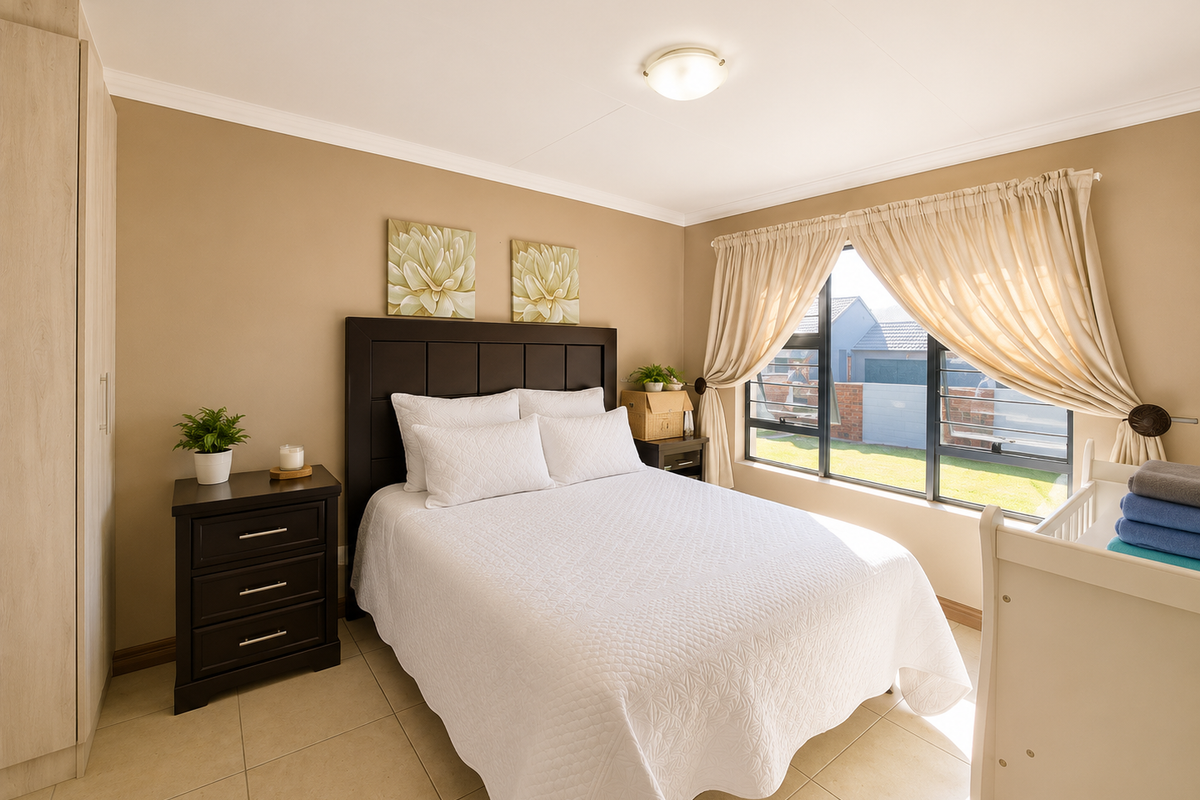 A well-maintained bedroom featuring neutral wall tones, tiled flooring, a built-in wardrobe, and a large window allowing for ample natural light.