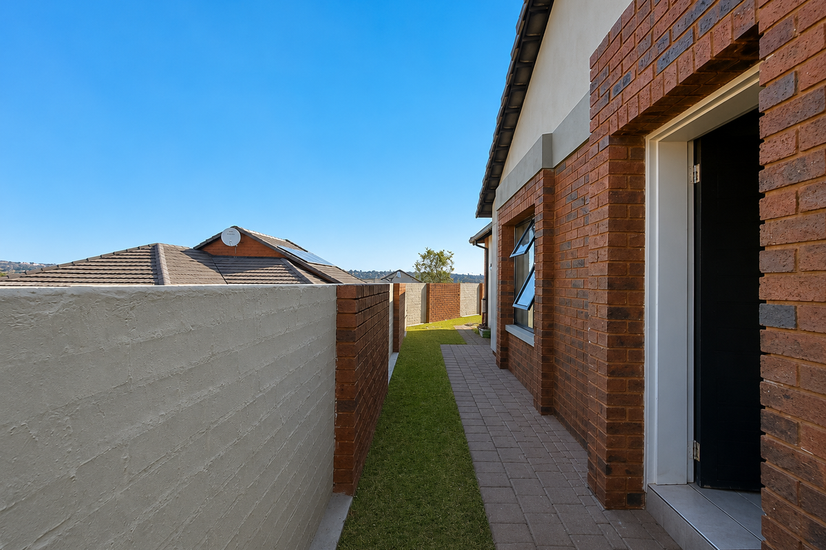 A side exterior view of the house featuring a brick facade, paved walkway, and a well-maintained boundary wall.