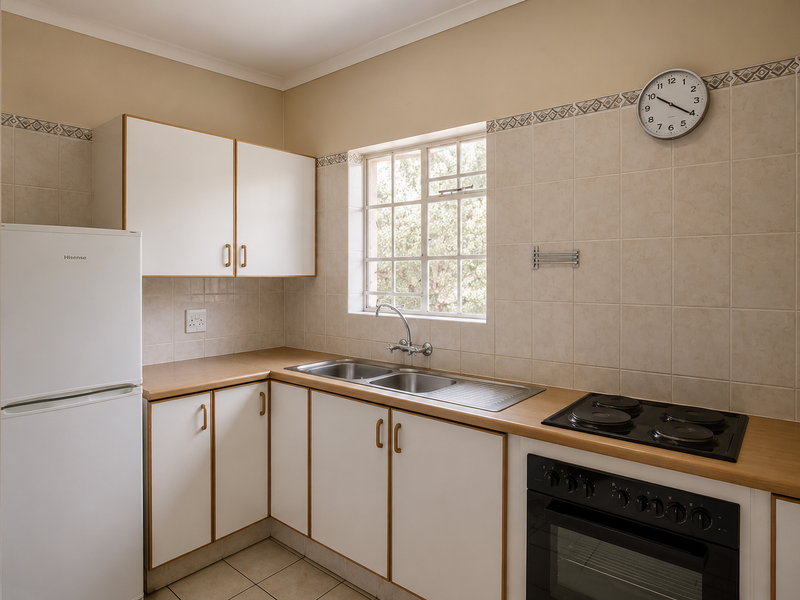A functional kitchen featuring white cabinetry with wood trim, laminate countertops, a stainless steel sink, and a built-in electric oven and hob.