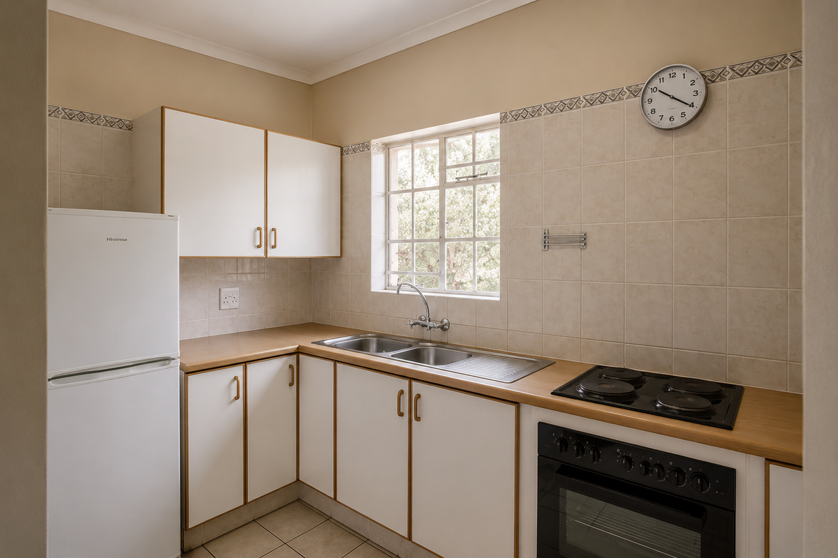 A functional kitchen featuring white cabinetry with wood trim, laminate countertops, a stainless steel sink, and a built-in electric oven and hob.