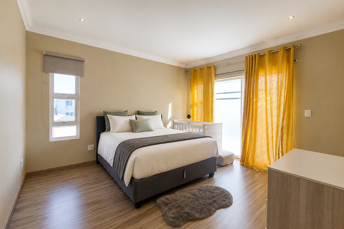 A well-maintained bedroom featuring laminate flooring, recessed lighting, and a sliding glass door providing access to the exterior.