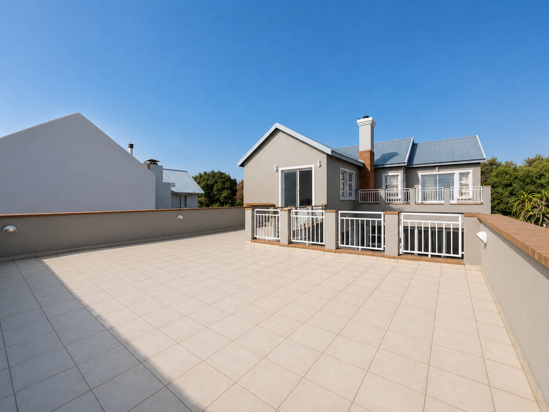 Spacious elevated terrace featuring tiled flooring, secure metal balustrades, and a brick-capped perimeter wall, offering a clean and well-maintained outdoor living space.