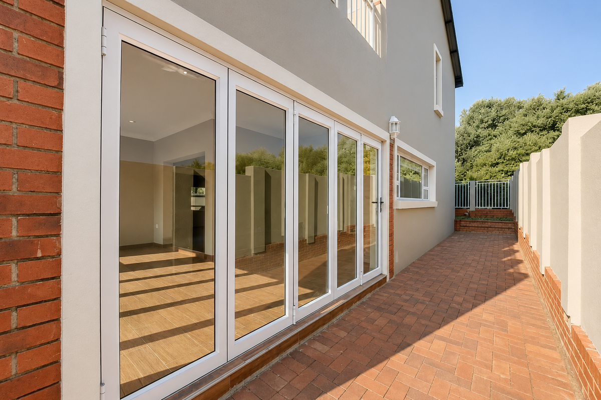 A well-maintained rear exterior featuring a brick-paved patio and modern bi-fold glass doors providing seamless access to the interior living space.