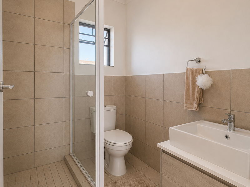 A modern, well-maintained bathroom featuring a glass-enclosed shower, a wall-mounted vanity with a basin, and neutral floor-to-ceiling tiling.
