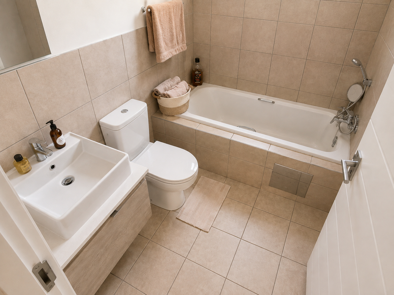 A clean, modern bathroom featuring a built-in vanity with a ceramic basin, a toilet, and a tiled bathtub with a handheld shower fixture.