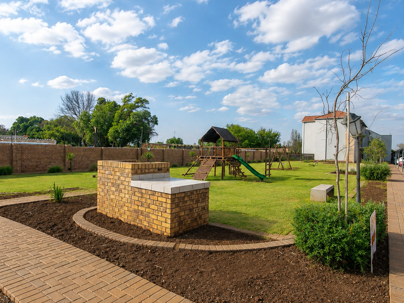 A well-maintained communal garden area featuring a brick built-in braai, paved walkways, and a lawn with perimeter walling.
