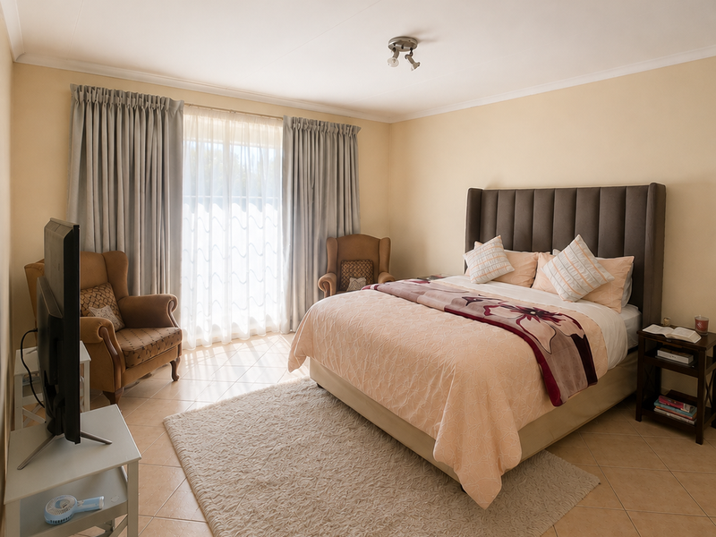 A well-maintained bedroom featuring neutral wall tones, tiled flooring, and large windows with curtain tracks, providing a bright and comfortable living space.