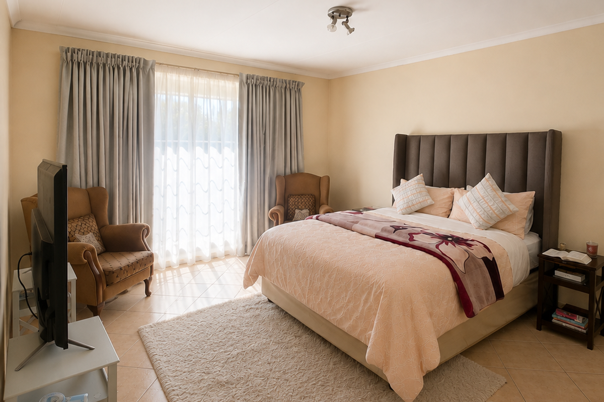 A well-maintained bedroom featuring neutral wall tones, tiled flooring, and large windows with curtain tracks, providing a bright and comfortable living space.