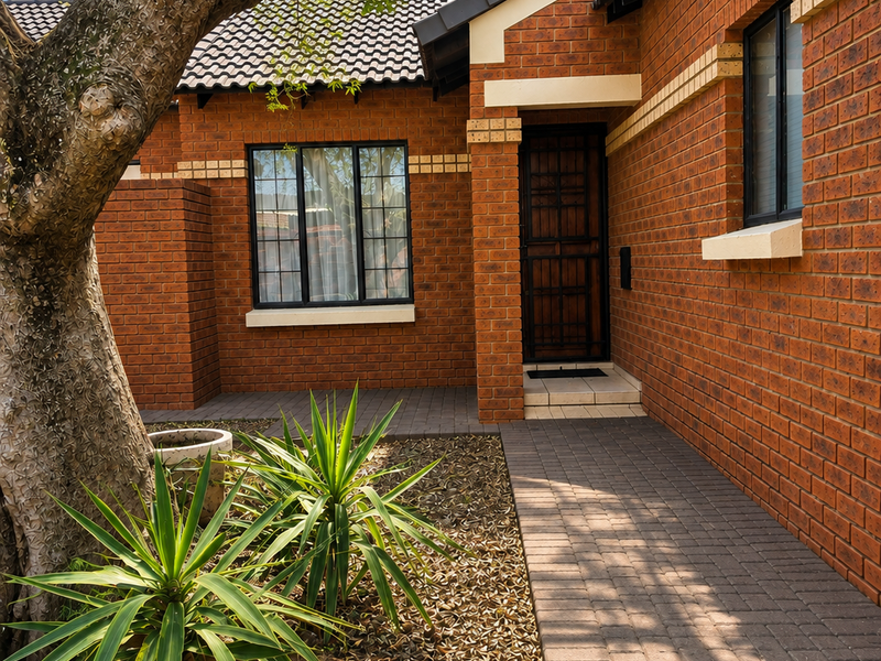 A well-maintained townhouse entrance featuring a classic face brick facade, tiled roof, and a paved walkway leading to the secure front door.