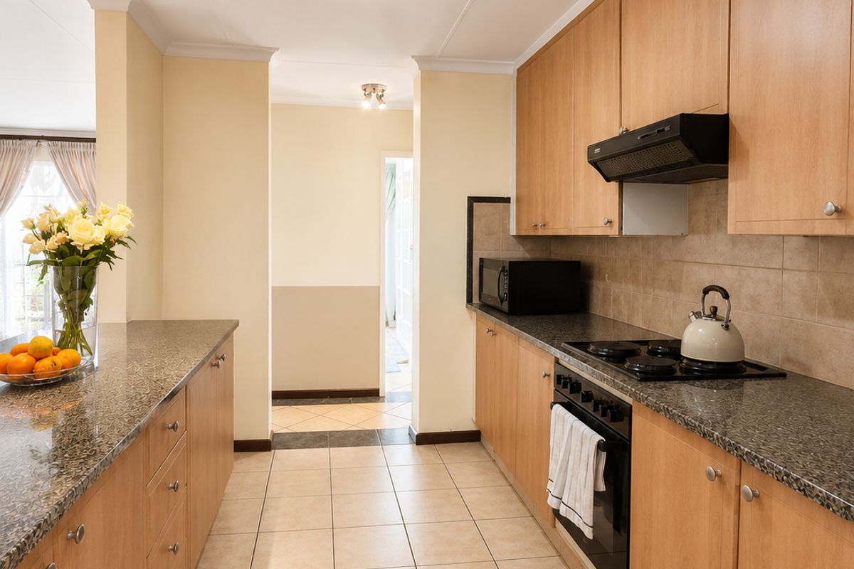 A functional galley-style kitchen featuring light wood cabinetry, granite countertops, ceramic tile flooring, and integrated cooking appliances.