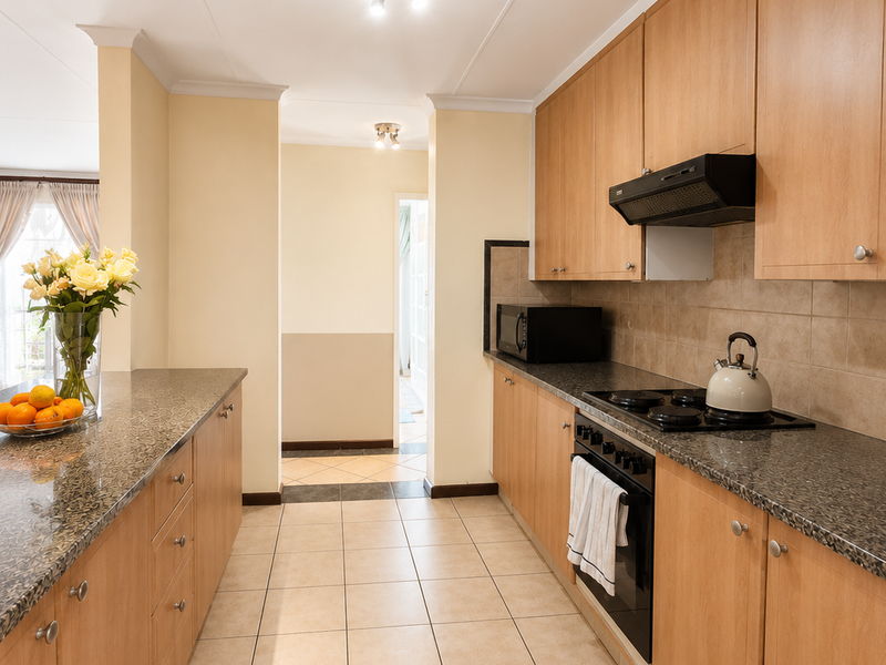 A functional galley-style kitchen featuring light wood cabinetry, granite countertops, ceramic tile flooring, and integrated cooking appliances.
