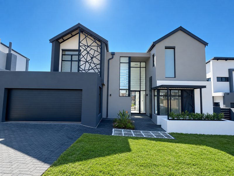Modern double-story home featuring a sleek grey facade, double garage, paved driveway, and a striking architectural entrance with decorative metal detailing.