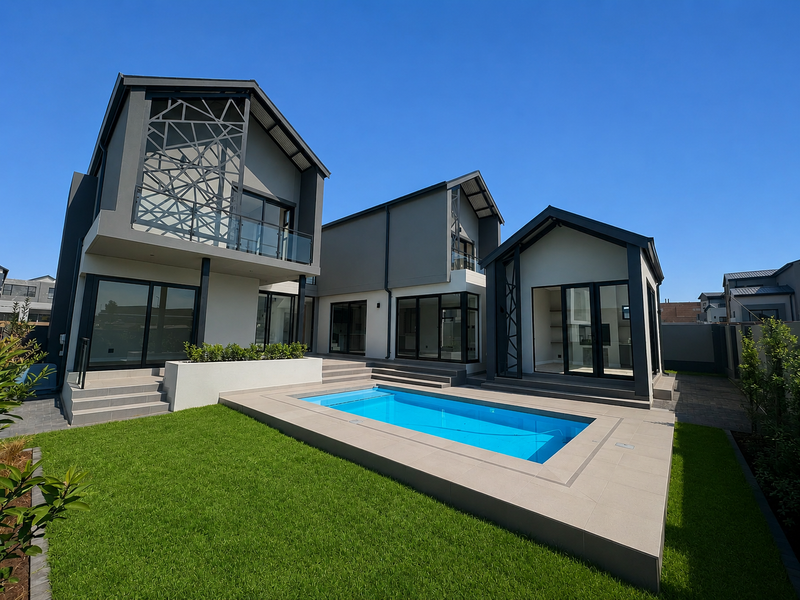 Modern rear exterior featuring a swimming pool, tiled deck, landscaped lawn, and multi-level architectural design with large sliding glass doors.