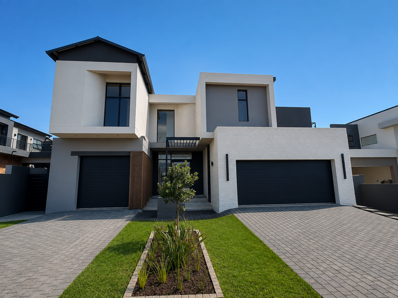 Modern double-story residential home featuring a contemporary facade, paved driveway, and integrated double garage with clean architectural lines.