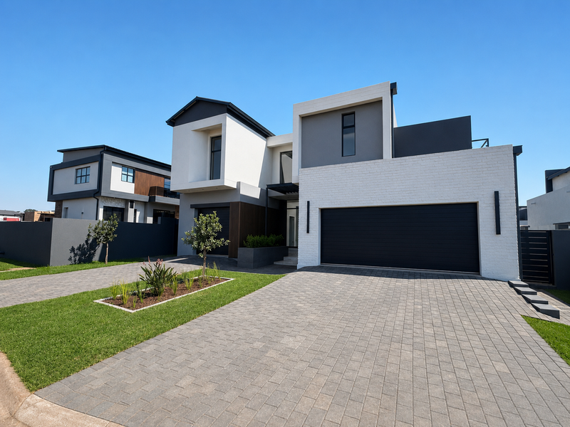 Modern double-story residential property featuring a contemporary facade, paved driveway, double garage, and manicured front garden.