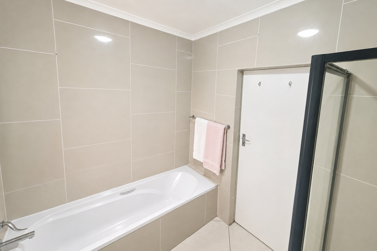 A modern, neutral-toned bathroom featuring a built-in bathtub, tiled walls and flooring, and a separate shower enclosure.