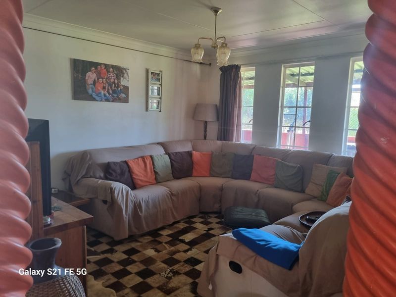 A living room featuring a coved ceiling, multi-pane windows, and a central light fixture, offering a functional space with potential for modernization.