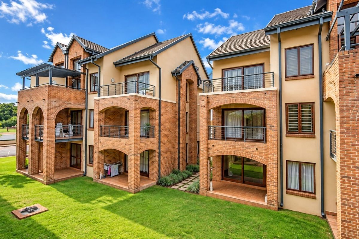 A view of the rear apartment facade featuring multi-level balconies, arched brick architectural details, and a well-maintained communal lawn area.