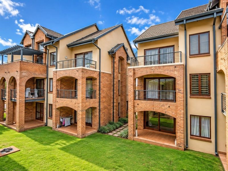A view of the rear apartment facade featuring multi-level balconies, arched brick architectural details, and a well-maintained communal lawn area.