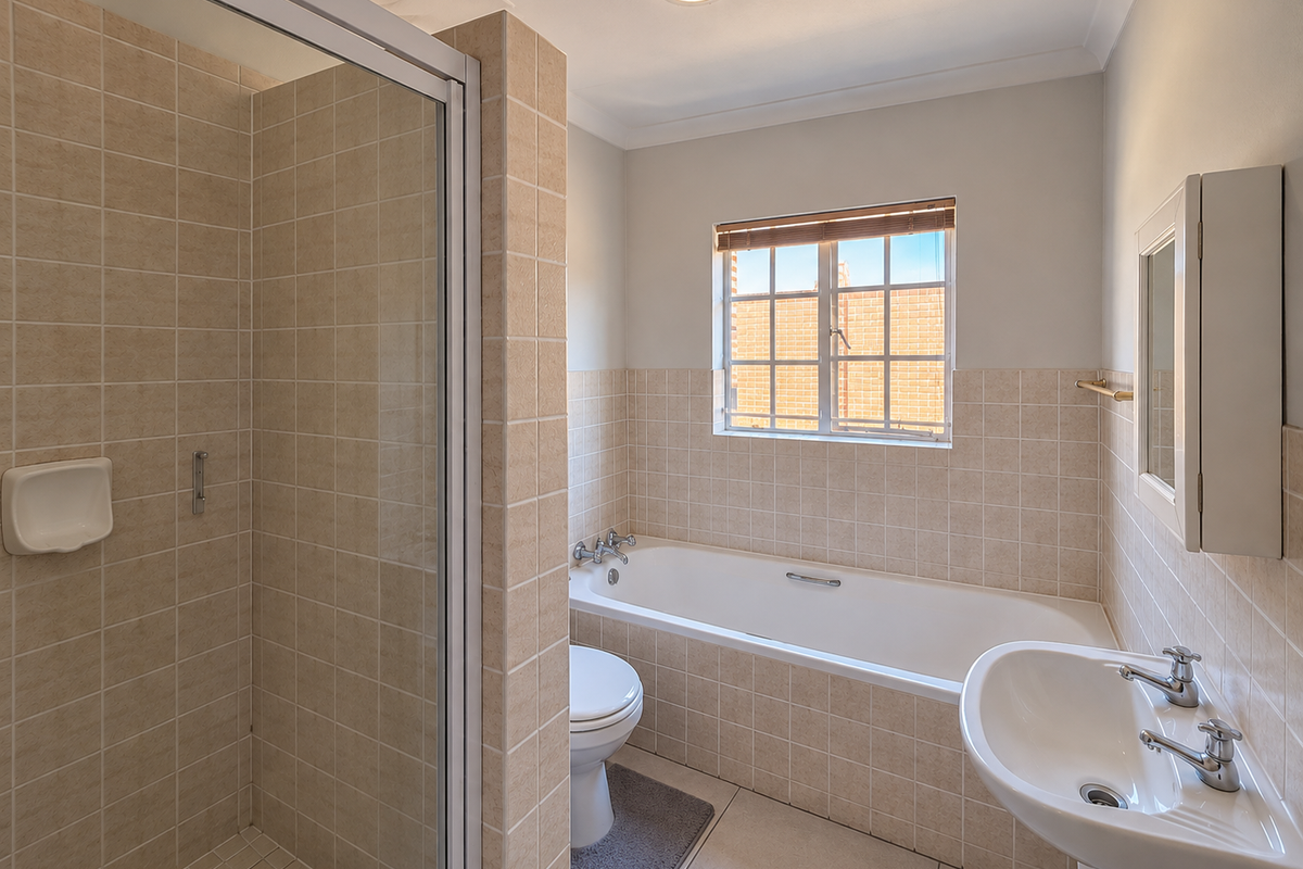 A clean, functional bathroom featuring a separate shower enclosure, bathtub, pedestal basin, and toilet with neutral wall and floor tiling.