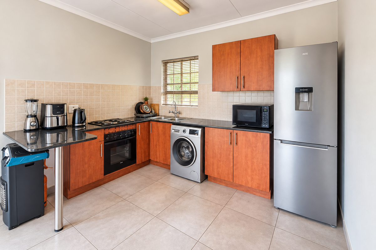 A functional kitchen featuring wood-finish cabinetry, granite countertops, tiled backsplash, and integrated appliances including an oven, hob, and washing machine.