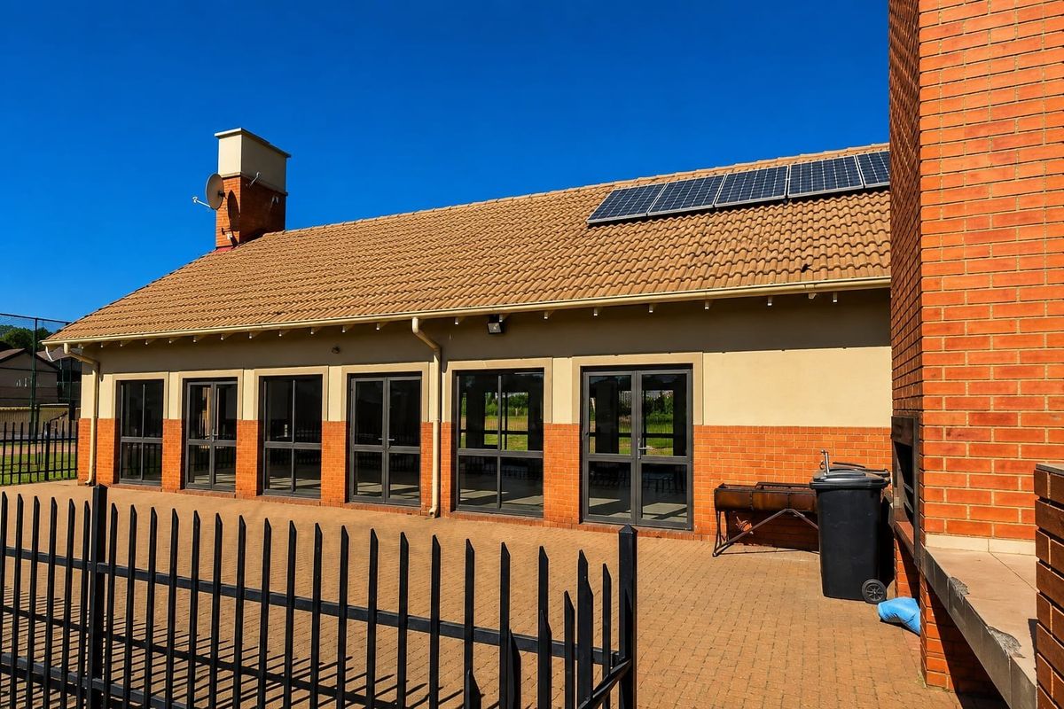 Rear exterior view featuring a paved patio, built-in braai, aluminium glass doors, and roof-mounted solar panels on a tiled roof structure.