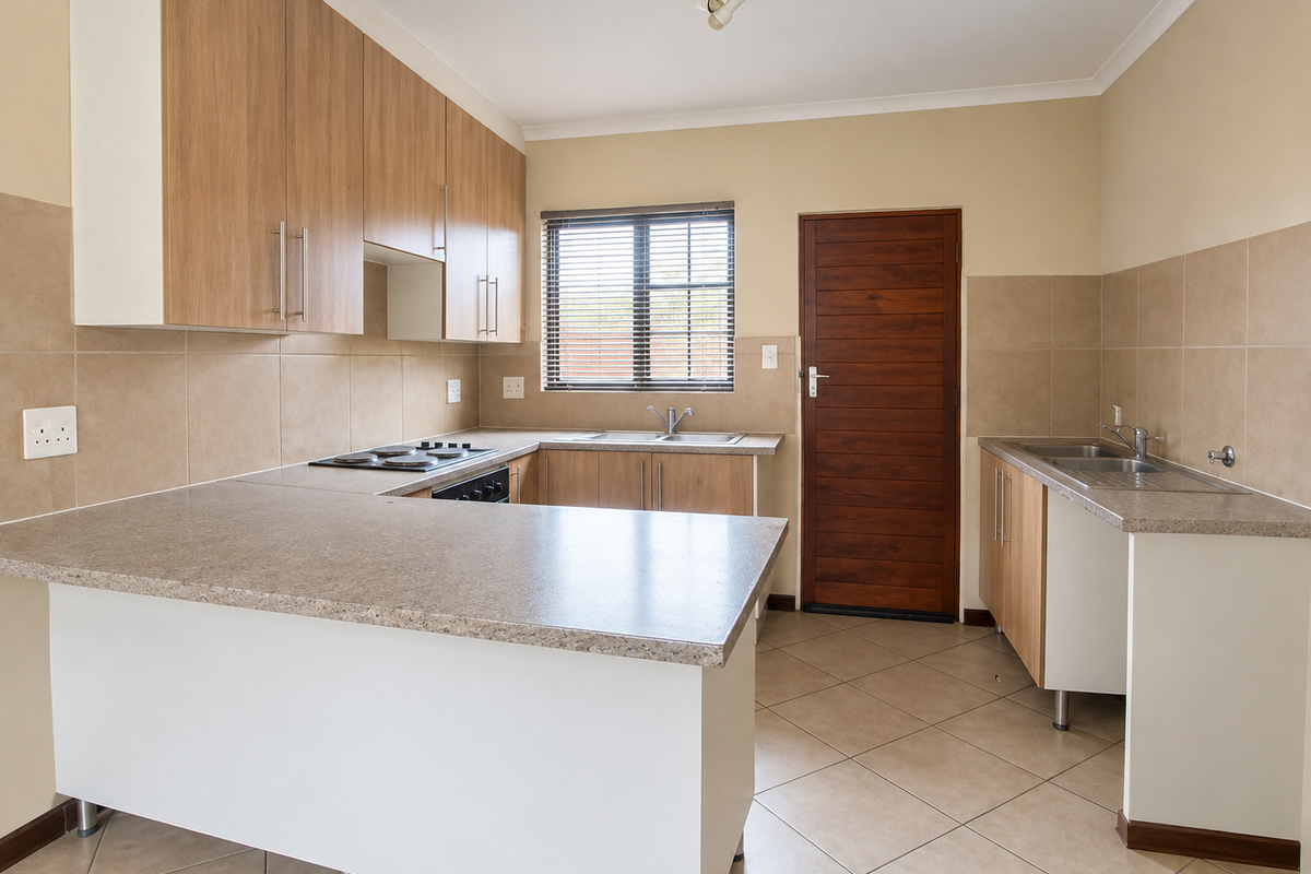 A clean, functional kitchen featuring light wood-look cabinetry, laminate countertops, integrated electric hob and oven, and neutral ceramic floor tiling.