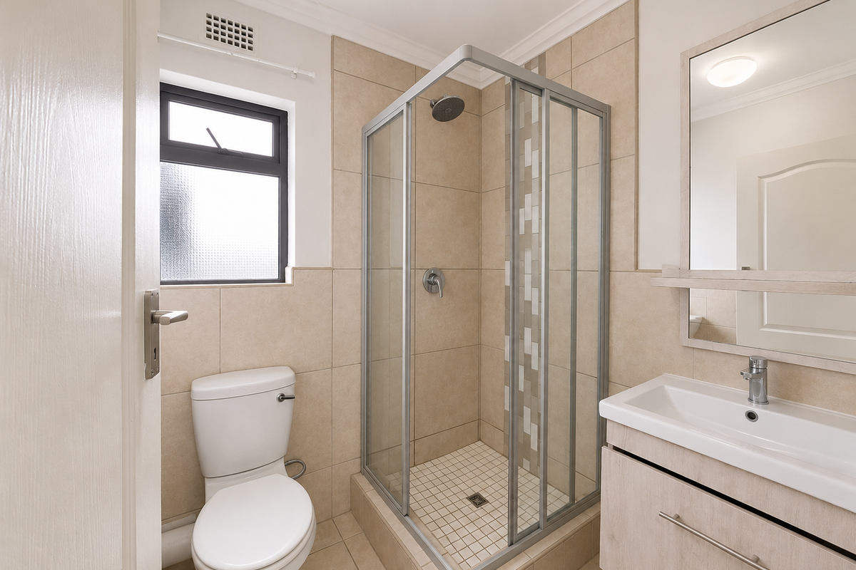 A clean and well-maintained bathroom featuring a corner shower enclosure, a modern vanity with a wash basin, and neutral wall and floor tiling.