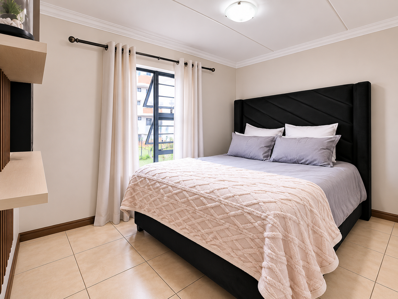 A well-maintained bedroom featuring neutral tiled flooring, built-in shelving, and a window with curtain rod, providing a clean and comfortable living space.