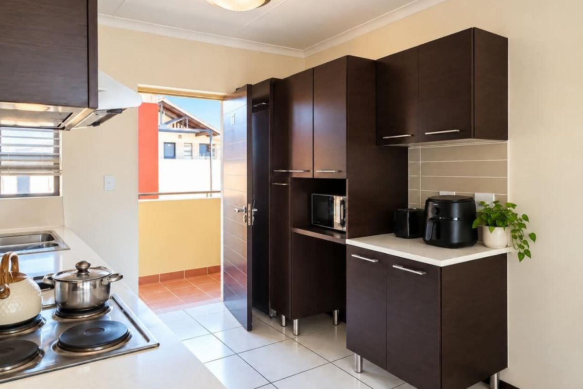 Modern kitchen featuring dark wood cabinetry, tiled flooring, built-in electric hob, and direct access to a private balcony.