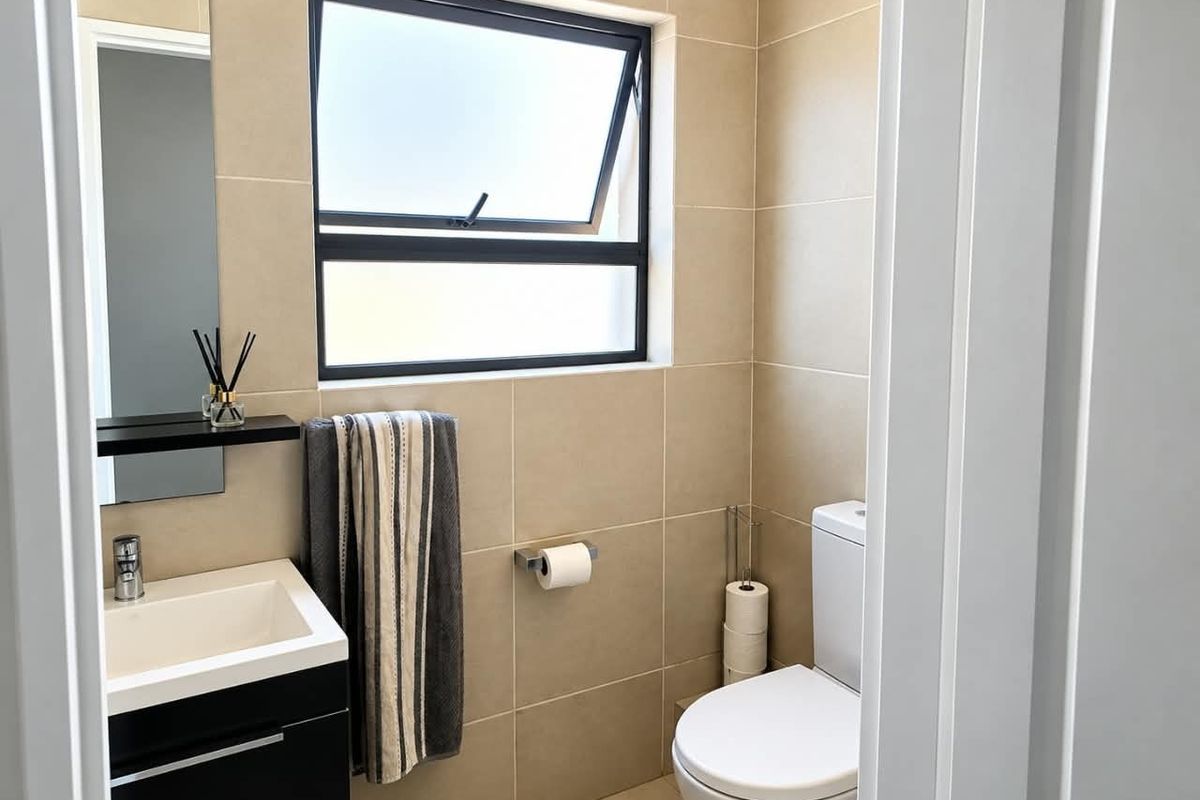 A modern, compact bathroom featuring neutral wall tiles, a sleek vanity with basin, and a functional top-hung window for ventilation.