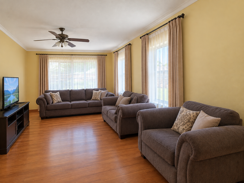 A spacious living room featuring warm-toned laminate flooring, a ceiling fan, and large windows with natural light.