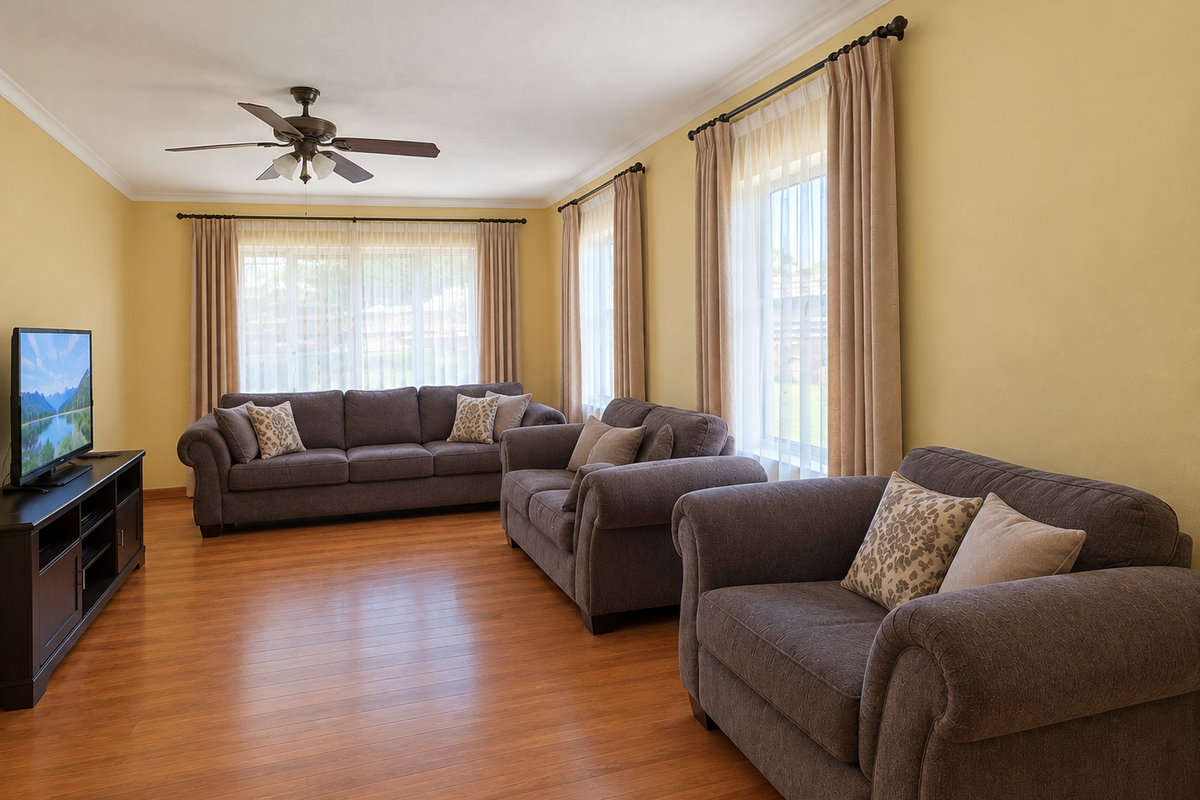 A spacious living room featuring warm-toned laminate flooring, a ceiling fan, and large windows with natural light.