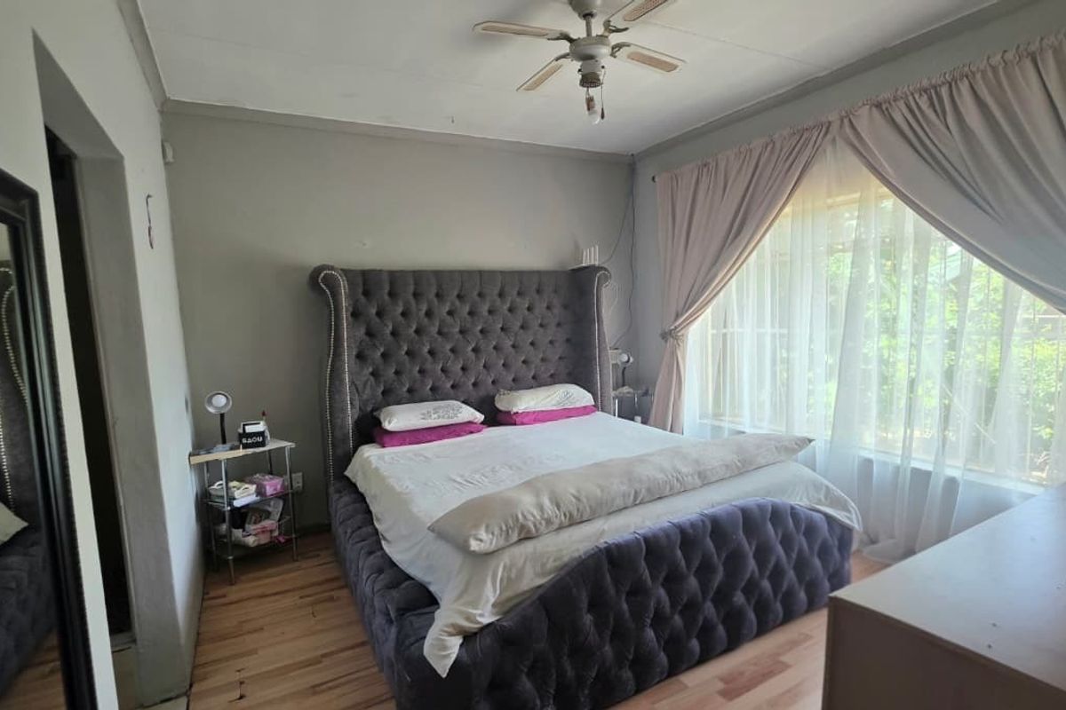A bedroom featuring laminate flooring, a ceiling fan, and large windows with curtain rails, offering a functional space with potential for cosmetic updates.