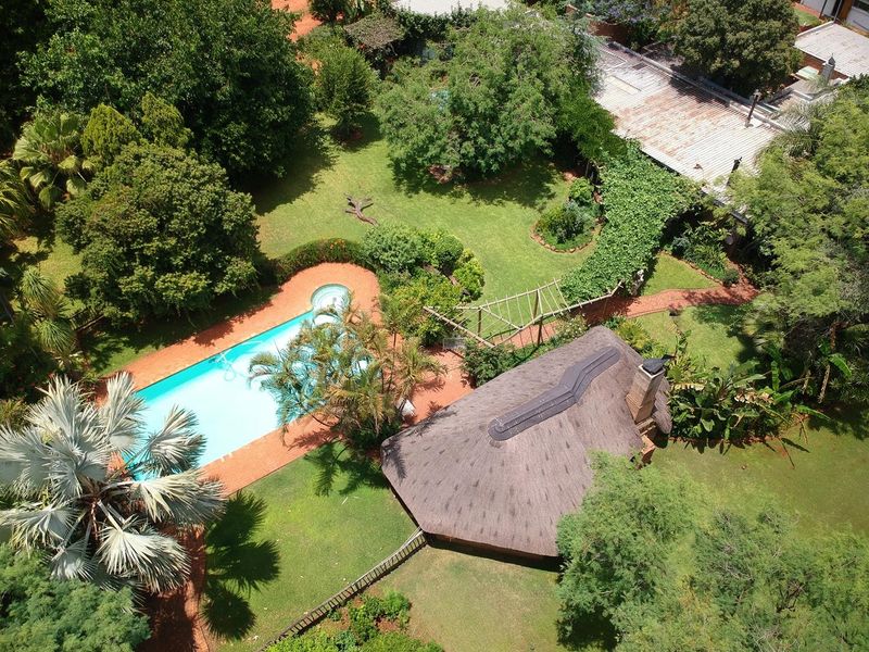 Aerial view of a small holding property featuring a swimming pool, a thatched-roof structure with a chimney, and established garden landscaping.