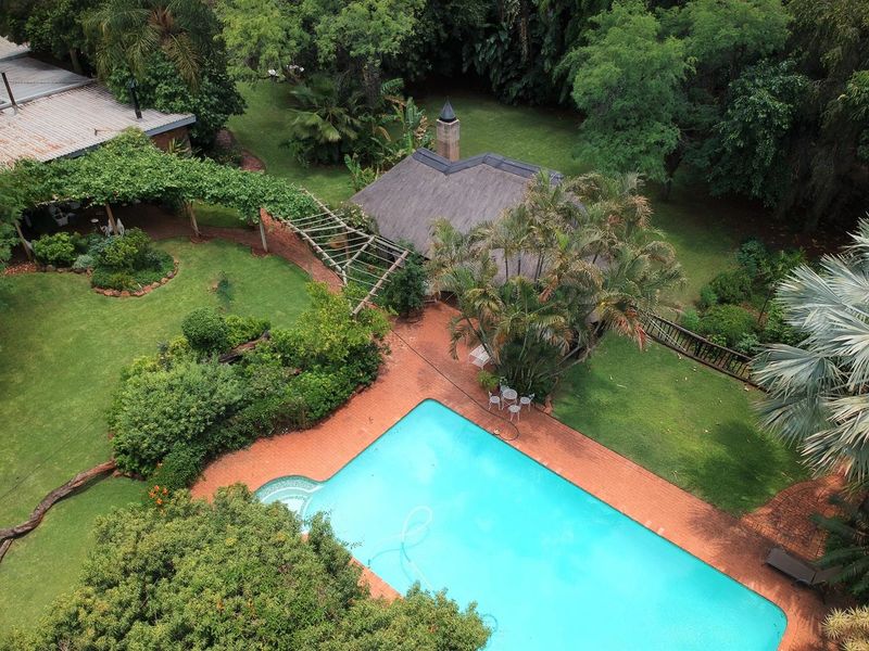 Aerial view of the property featuring a swimming pool, a thatched roof outdoor structure, brick paving, and established garden surroundings.