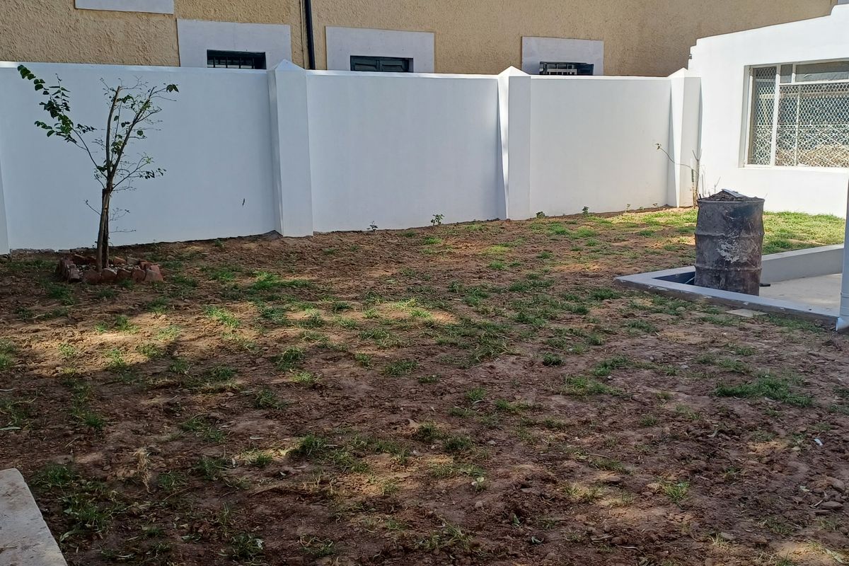 A rear outdoor area featuring a perimeter boundary wall and a concrete patio section, currently requiring landscaping and lawn maintenance.