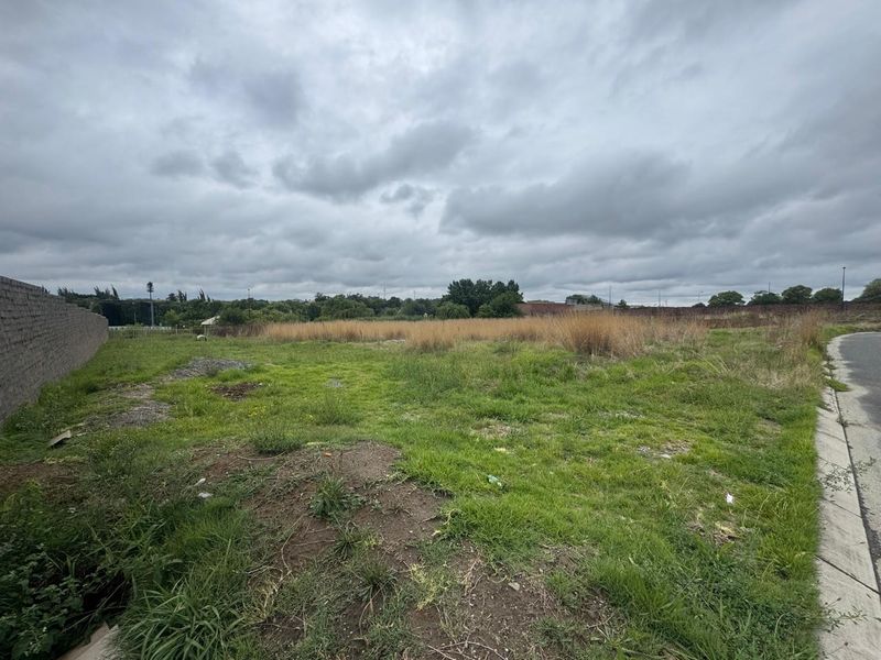A view of a vacant commercial land plot featuring grass coverage, perimeter walling, and adjacent paved street access.