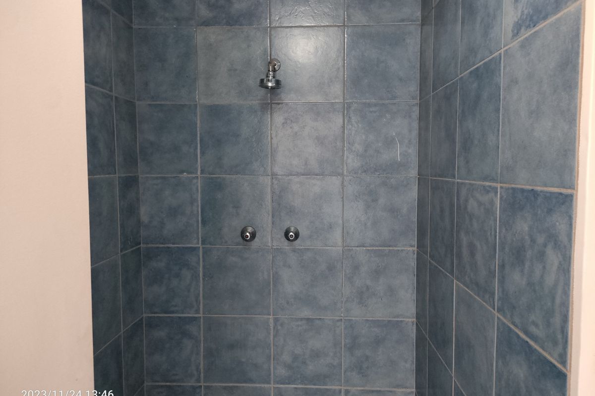 A functional shower enclosure featuring blue wall tiles and standard chrome shower fixtures.