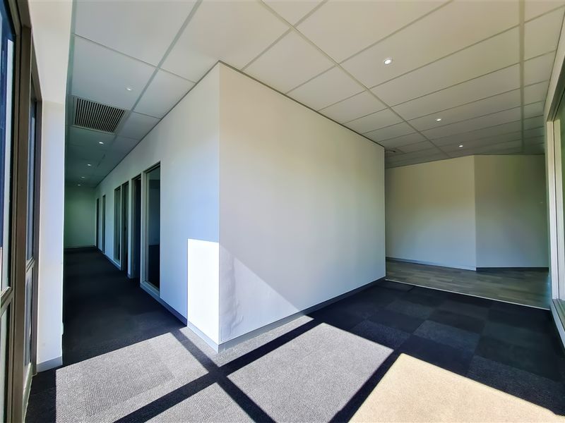 A bright, vacant office space featuring carpet tiles, suspended ceilings with recessed lighting, and glass partitions, offering a clean and professional layout.