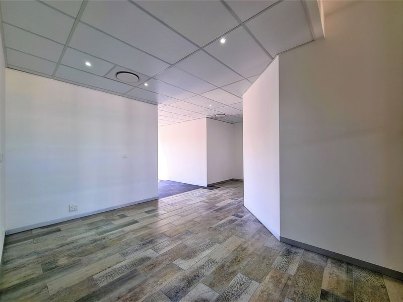 A bright, modern, and empty office space featuring a suspended ceiling with recessed lighting and durable wood-look tile flooring.