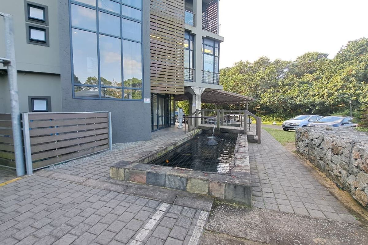 Exterior view of the office building featuring a decorative water feature, paved walkways, and modern architectural elements including timber cladding and large glass windows.