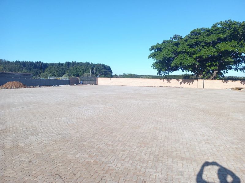 A spacious, paved industrial yard featuring a secure perimeter wall and metal gate access, suitable for storage or logistics operations.