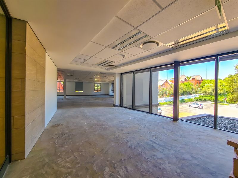 Spacious, open-plan office area featuring large floor-to-ceiling windows, a modern suspended ceiling with recessed lighting, and a stone-clad feature wall.