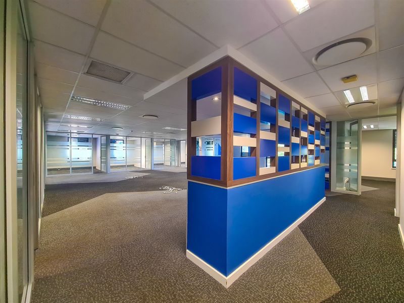 Spacious open-plan office area featuring modern glass partitioning, a decorative blue feature wall, suspended ceilings, and professional carpeted flooring.