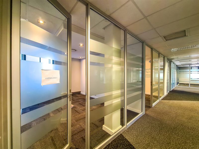 Modern office space featuring glass partition walls, suspended ceilings with recessed lighting, and durable carpet tiles throughout the corridor and meeting rooms.