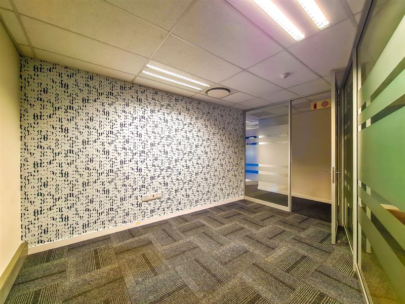 A clean, empty office space featuring patterned wallpaper, carpet tiles, a suspended ceiling with integrated lighting, and modern glass partition walls.