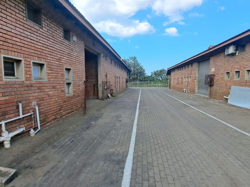 Industrial exterior view showing a paved driveway between two brick warehouse buildings with roller shutter access and external utility connections.